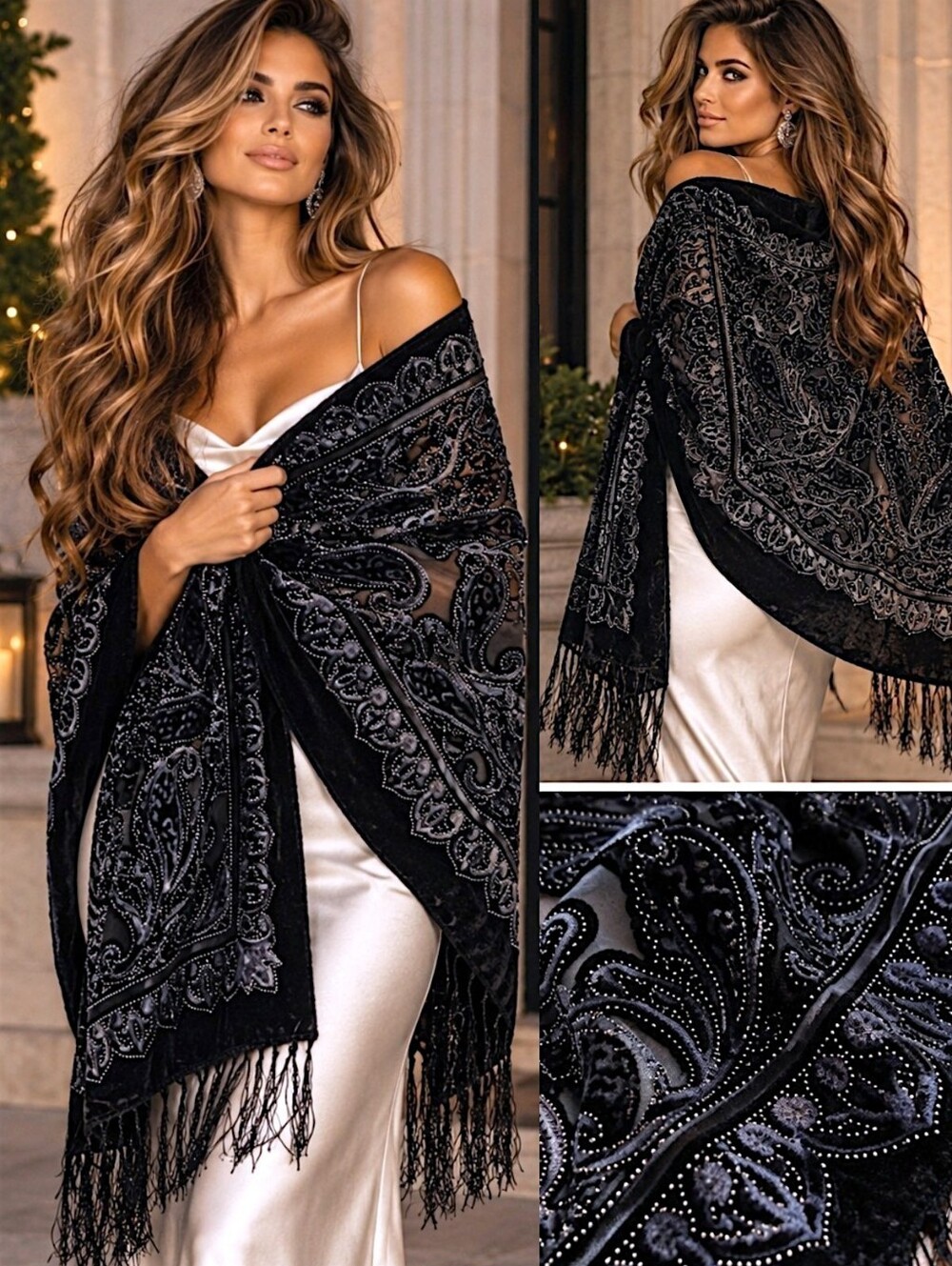 Whimsigoth Black Velvet Burnout Paisley Beaded Fringe Shawl Wrap Scarf Gothic